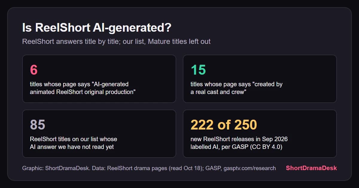 Four number cards: 6 ReelShort titles labelled AI-generated, 15 with a real cast, 85 with no answer read, and 222 of 250 September releases labelled AI per GASP