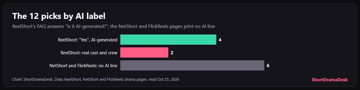 Bar chart of the twelve picks by AI label: four ReelShort titles labelled AI-generated, two ReelShort titles made by a real cast and crew, and six NetShort and FlickReels titles with no AI line