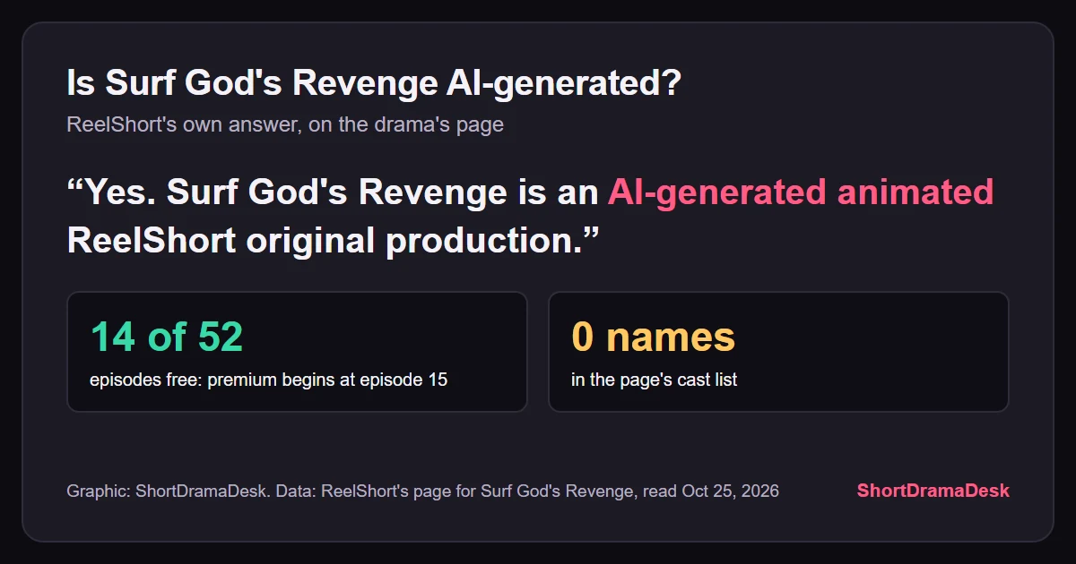 Text card quoting ReelShort's answer that Surf God's Revenge is an AI-generated animated original, with 14 of 52 episodes free
